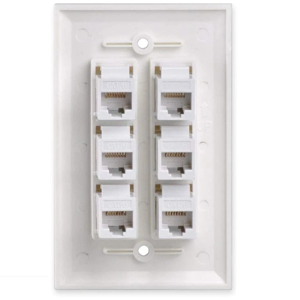 Placa de pared Cat6 de 6 puertos con 1 banda de soporte de montaje de bajo voltaje para Cables de red Cat5E, Cat6, Cat6A, Cat7, blanco