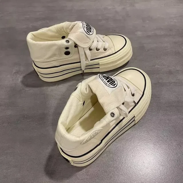 New Women High Top Canvas Board Shoes Outer Flanged Sneakers Dual Purpose Short Boots Thick Outsole Height Increased Lace Up 4