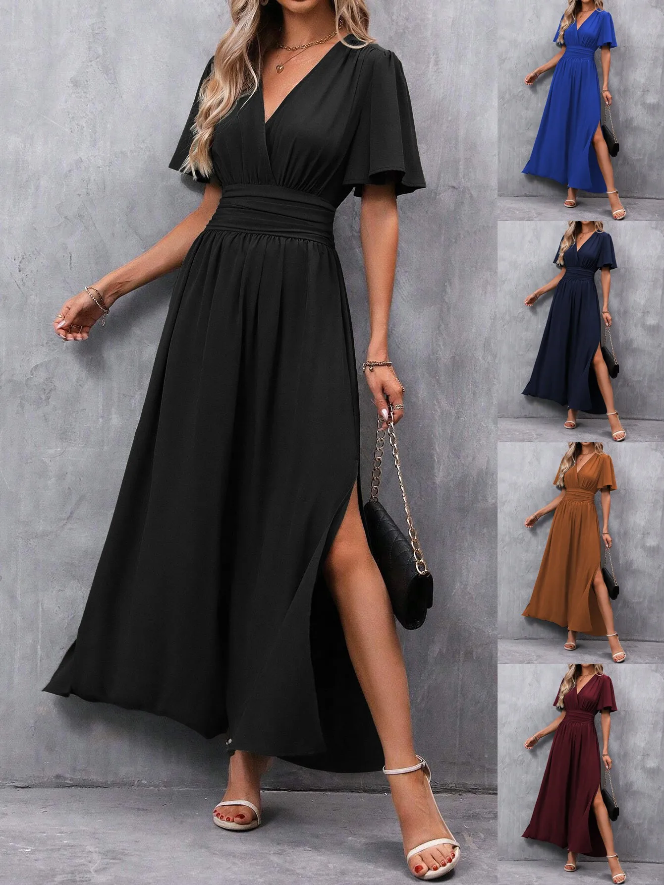 Damen-Abendkleid 2029 mit Flatterärmeln - Gerafftes Rückenteil, Hoher Schlitz, Elegantes Formelles Maxikleid