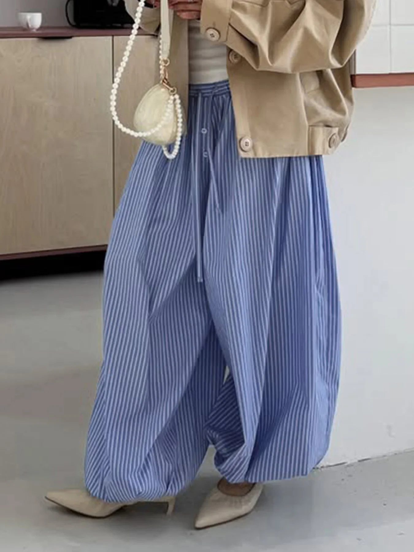 Fmxires Streetwear Blue Striped Print Casual Pants Elastic Low Rise Loose Trousers y2k Aesthetic Korean Style Hippie Trousers