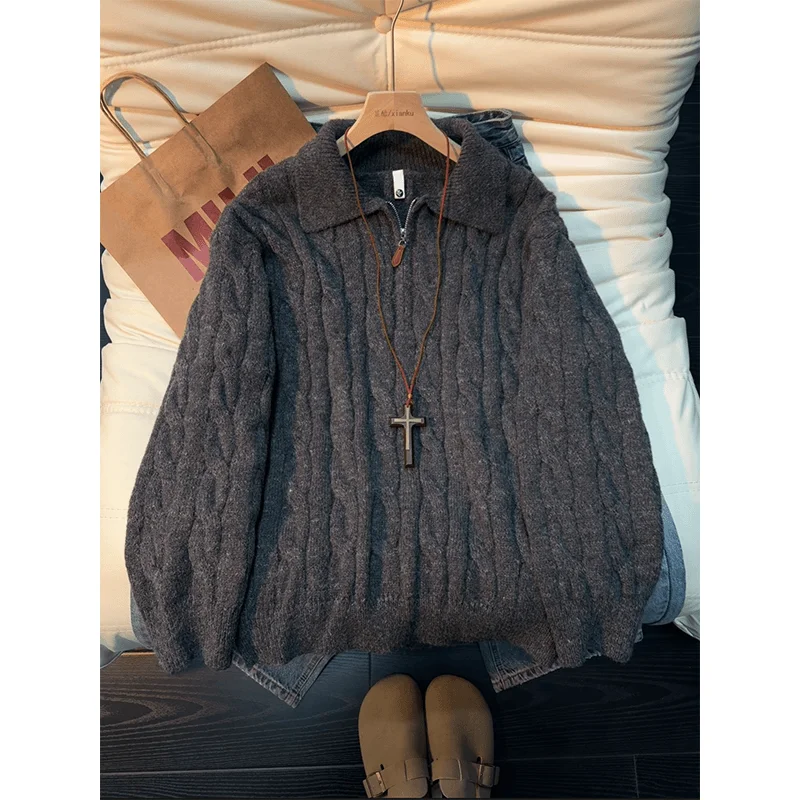 

Loose Fit Men's Knitted Ne Sweater Winter Casual Sle f Zip Winter Lazy Sle Loose Knitwear e Blue Stripes