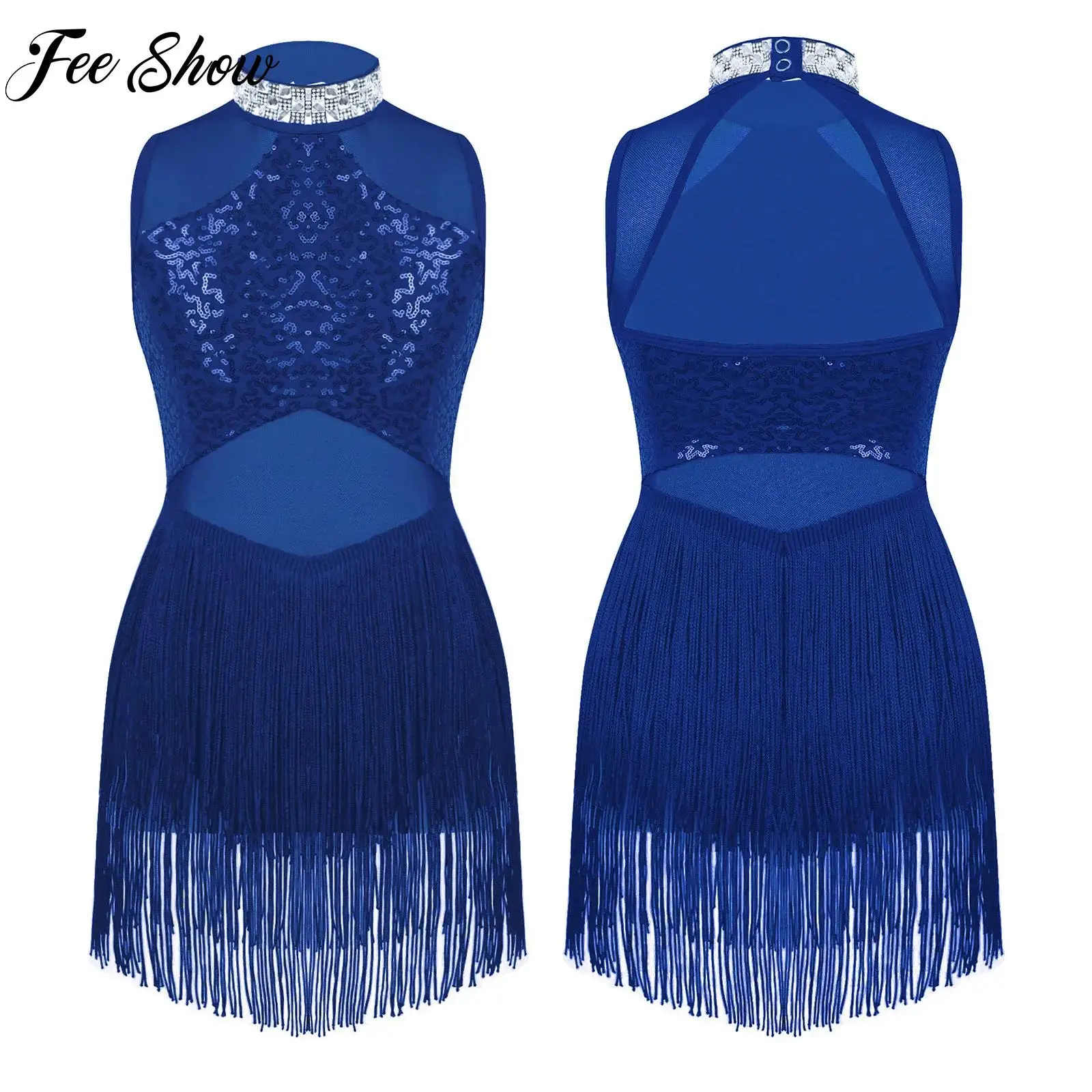 

Kids Girls Jazz Lyrical Latin Dance Costume Ballet Gymnastic Leotard Performance Costume Rhinestone Sequins Mesh Tassel Leotards