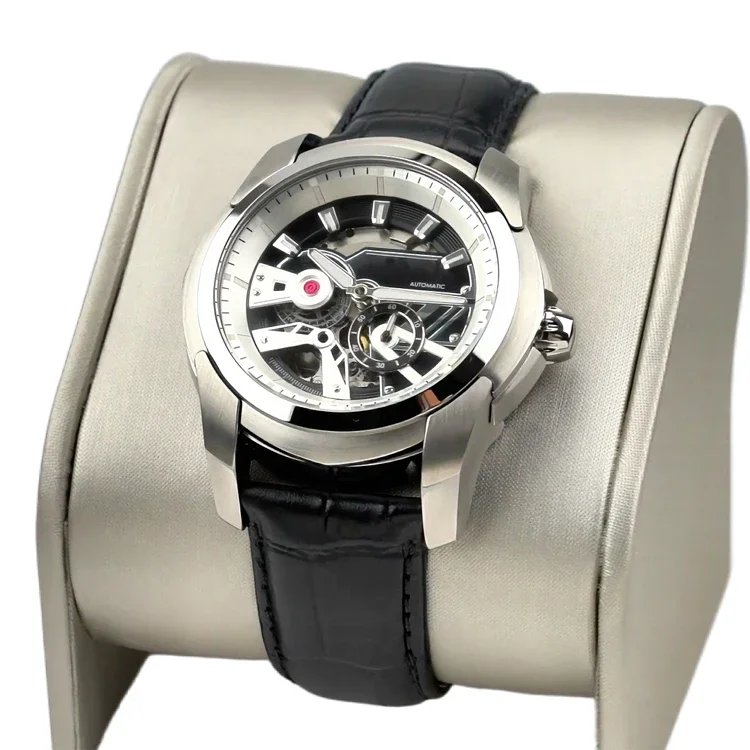 

Japanese Mechanical Movement Odm Watch Hollow Dial Sports Watch Black Leather Strap Band Custom Wristwatch