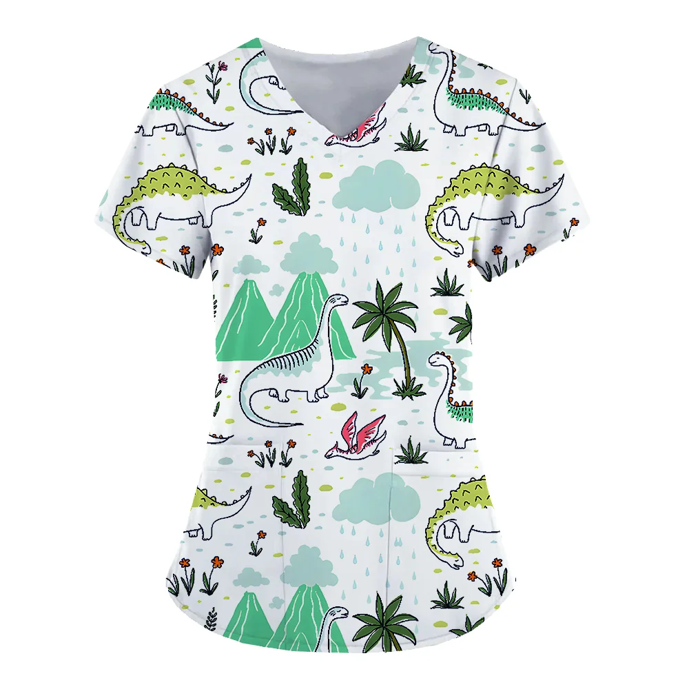 Women\'s T-shirts V-Neck Working Uniform for Women Cute dinosaur 3D Print Tops Cute Animal Nurse Uniform Blouse Pocket Workwear