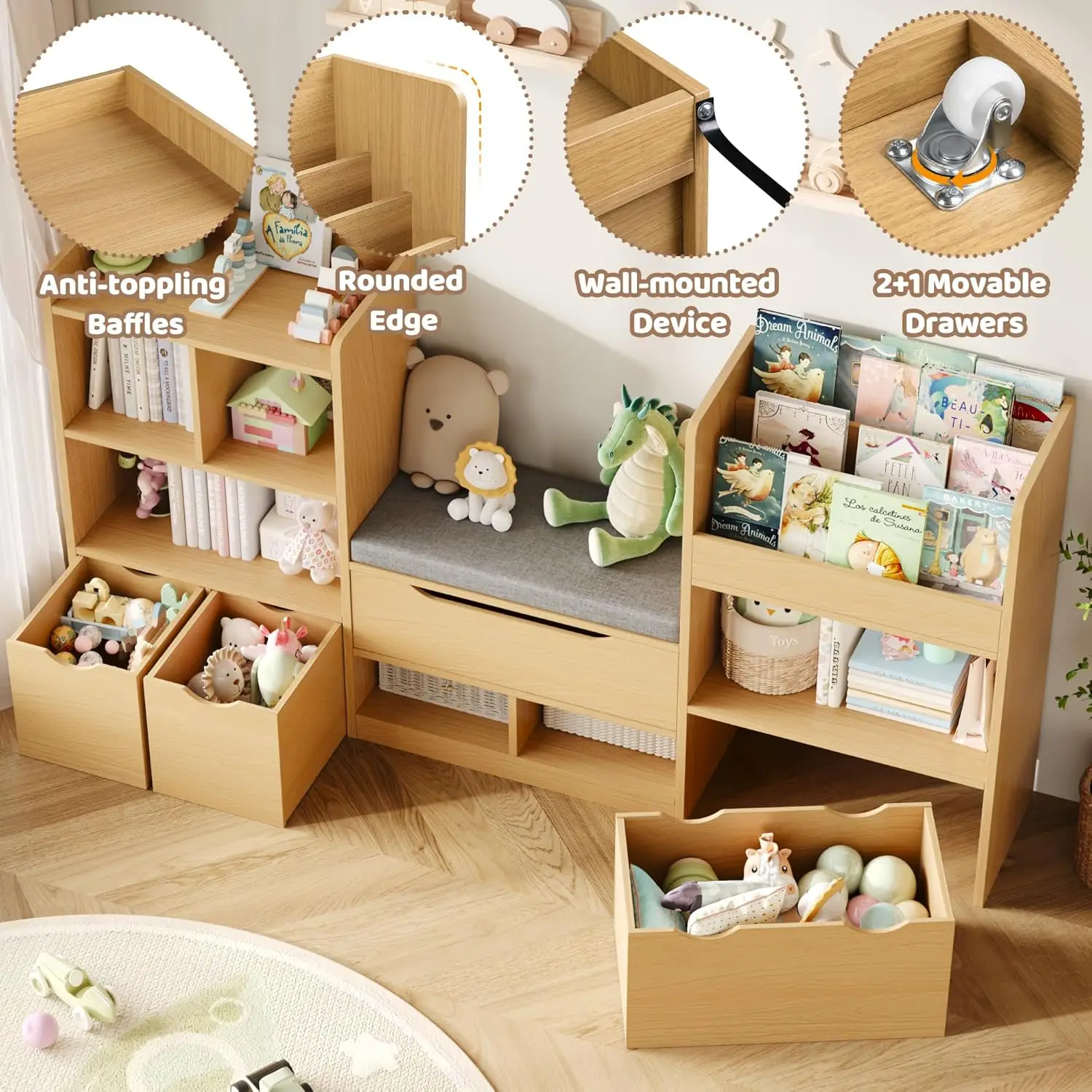 72' 어린이 책장(독서 공간 포함), 장난감 보관함(좌석 쿠션 및 서랍 3개 포함), 내추럴