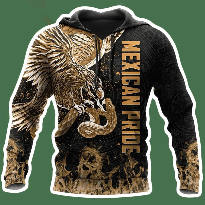 3D Printed Mexico Flag National Emblem Hoodies For Men Mexican Aztec Graphic Pullovers Casual Hooded Sweatshirts Long Sleeves