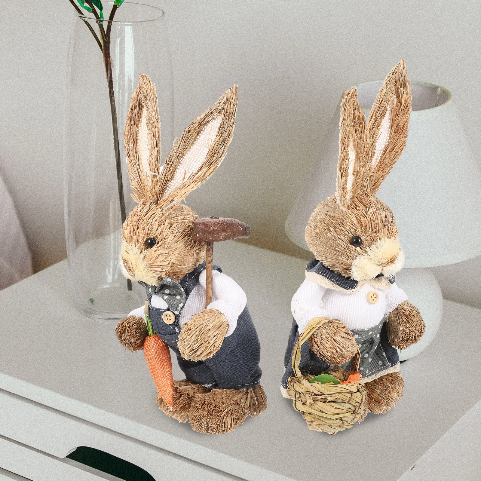 

2Pcs Straw Bunny Decoration Hand Woven Rabbit Statue Garden Desktop Ornaments Easter Bunny Home Decor Lightweight Figurines