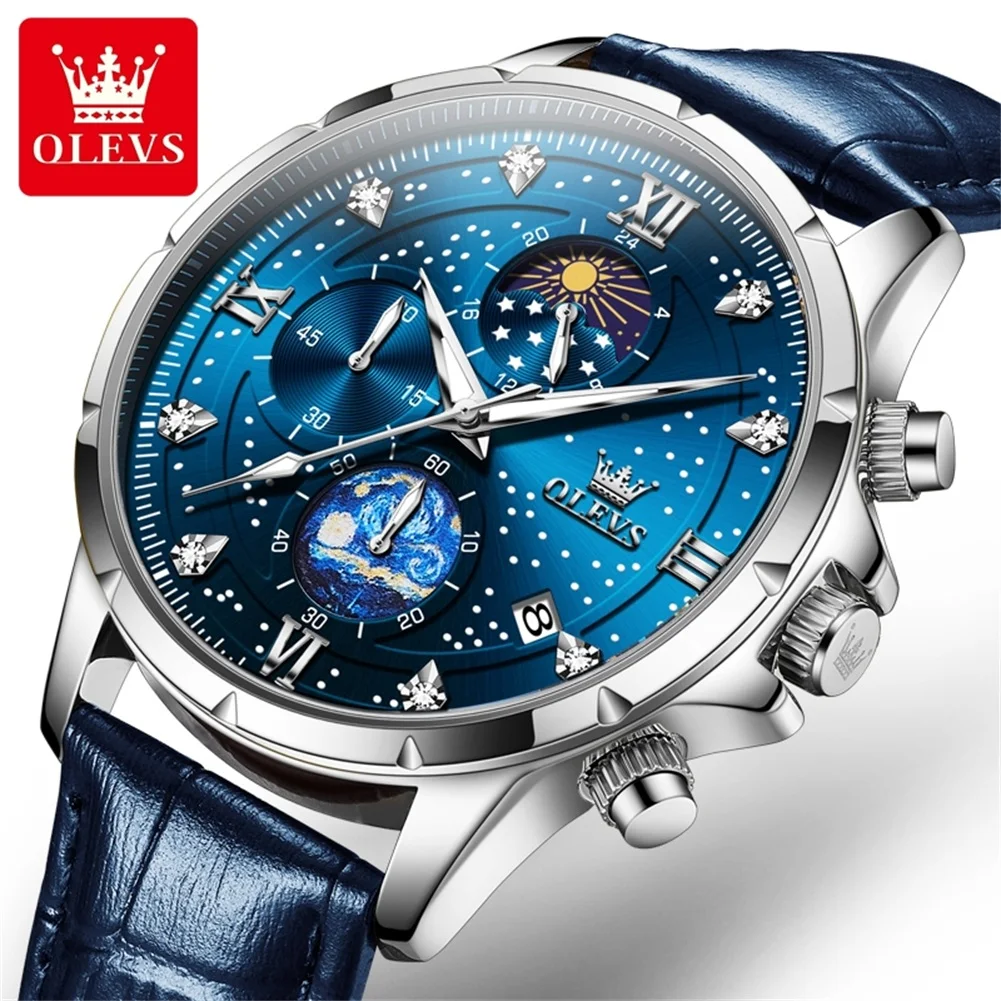 

OLEVS Fashion Starry Sky Dial Quartz Watch Men Leather Strap Sports Waterproof Luminous Chronograph Watches Mens Reloj Hombre