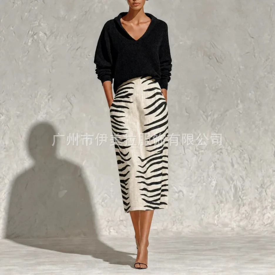 Women's Vintage V‑Neck Knit Sweater Zebra Print Midi Skirt Set Casual Two Piece Outfit With Pockets Ban Ma Pattern Dress Set