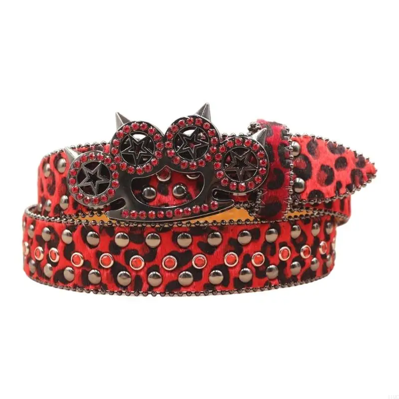 Unisex Large Size Leopard Rhinestones Rivets Belt for Western Rock Fashion