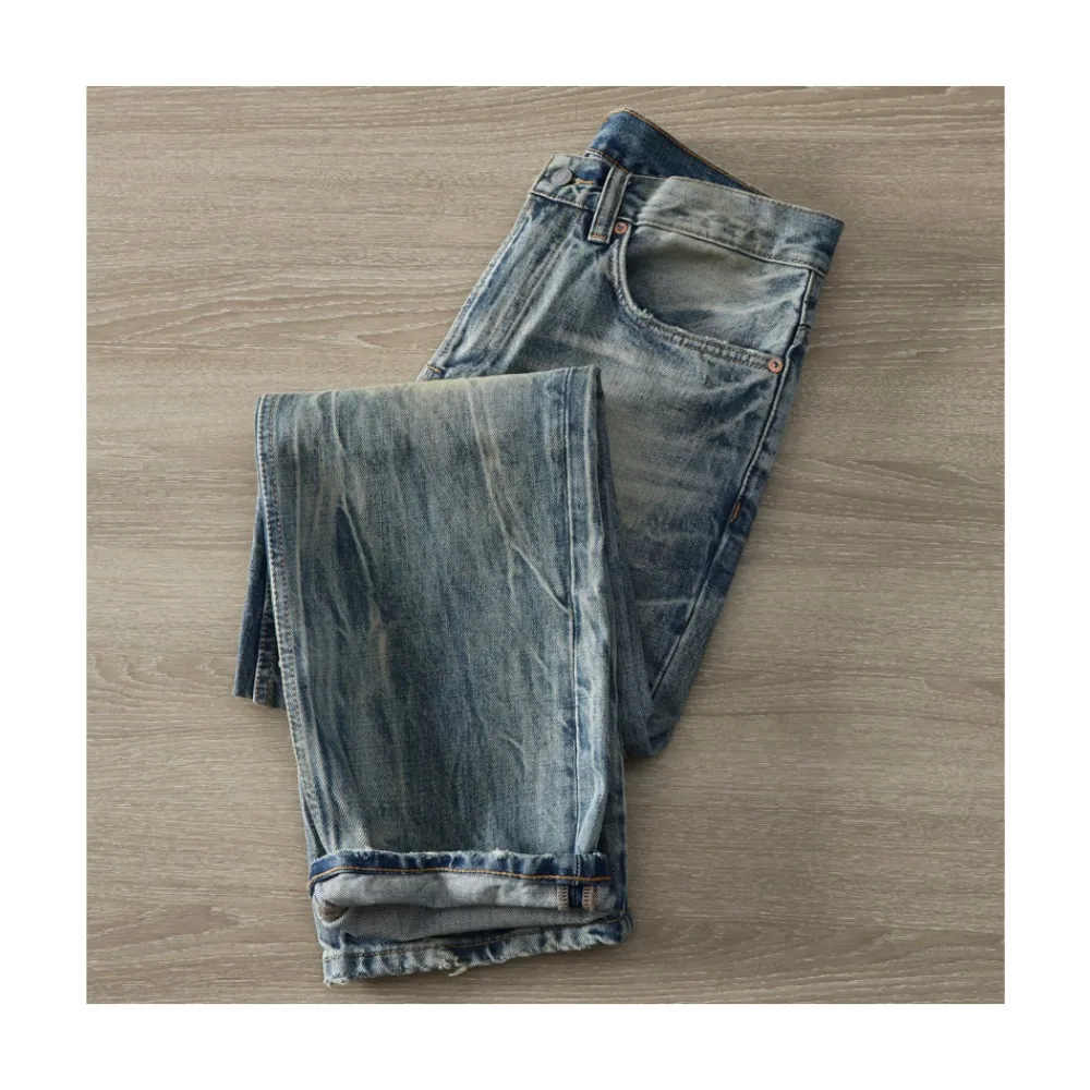 15.2 oz American Heavy Industry Washing Ripped Jeans Trendy Retro Pure Cotton Men's Casual Loose Straight Pants