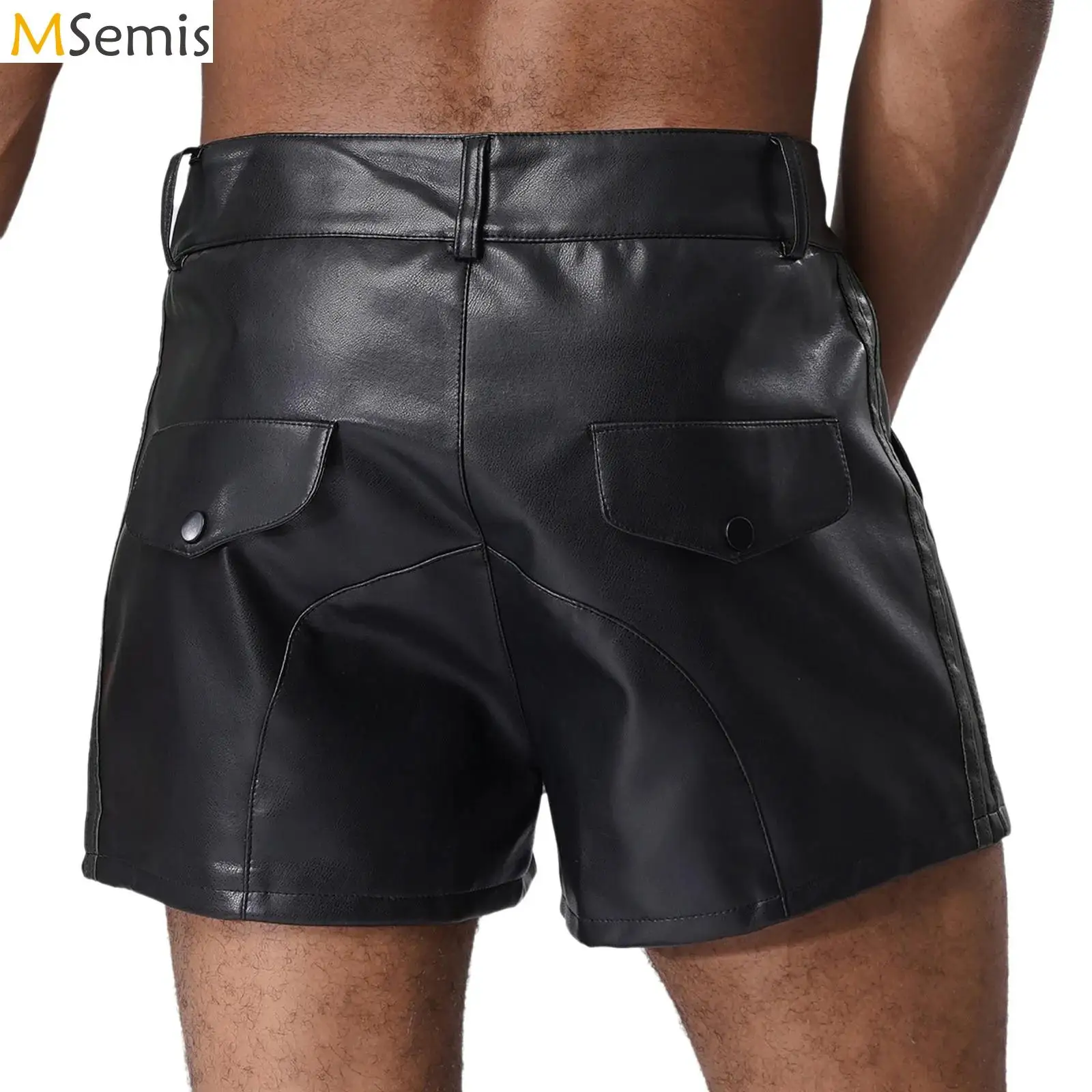 

Mens Trendy PU Leather Club Latex Mini Shorts Side Stripes Pockets Matte Cargo Skinny Rave Short Pants Gothic Punk Clubwear