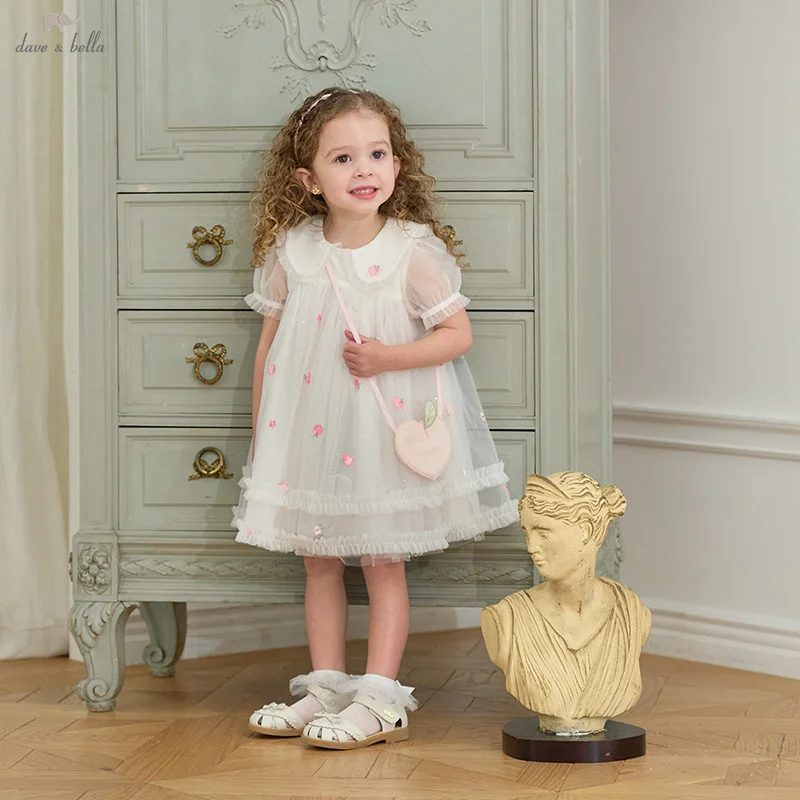 Dave Bella Girls Baby Mesh Princess Dress Summer Sweet Charm Cute Peach Embroidery Thin White Dress Party Outdoor DB2251652