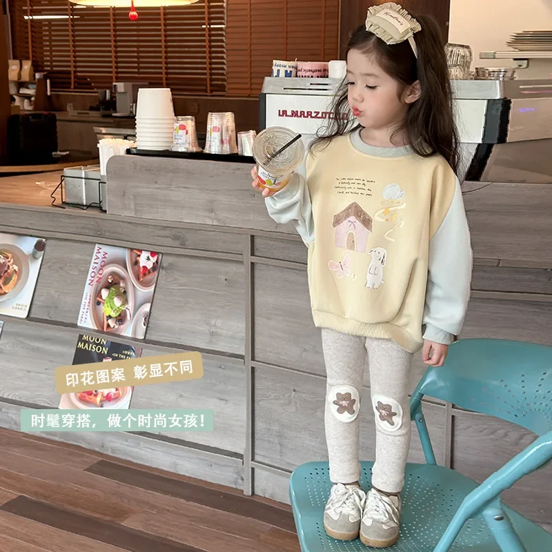 Girls' Hoodie Autumn Bottom Pants Falling Shoulder Western Korean  Round Neck Hoodie for Middle aged Children 2024 New