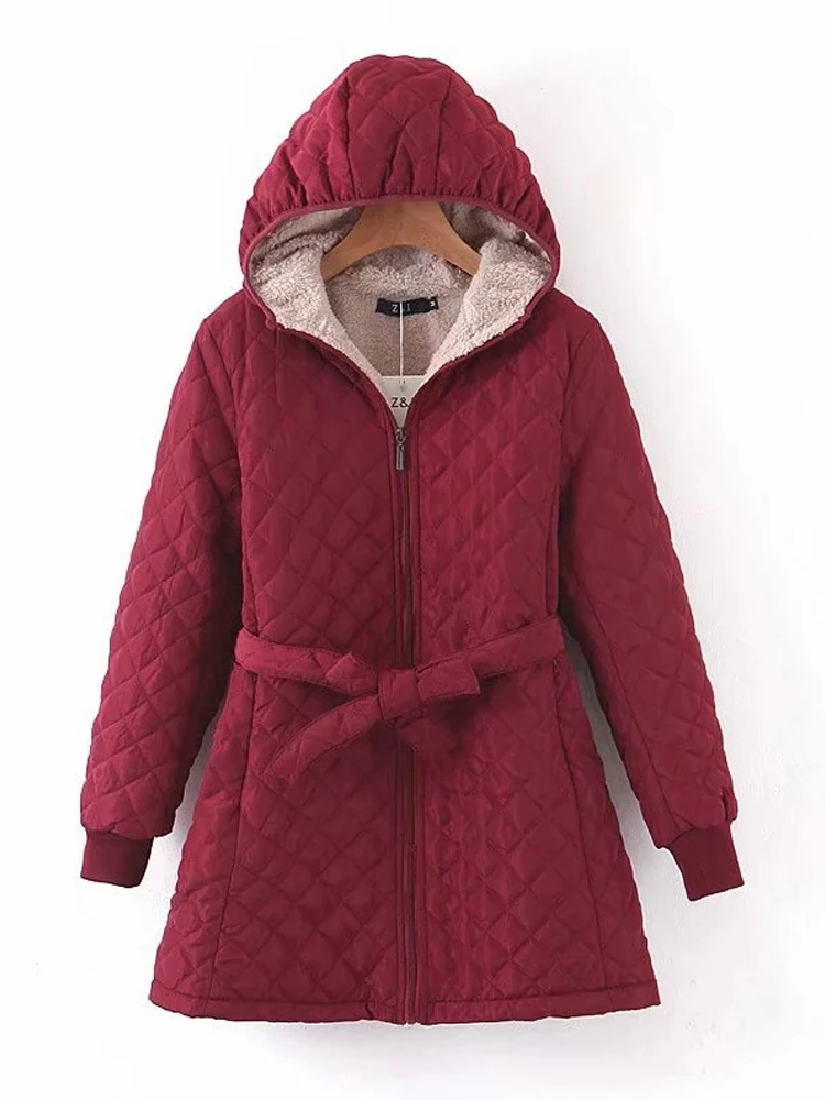 Women Winter Coat 2024 New Hooded Cotton Parkas Lace Up Plaid Velvet Long Jacket Threaded Cuffs Warm Overcoat Female