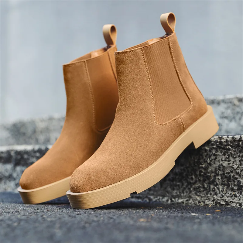 Handmade Luxury Cow Suede Men Leather Shoes Vintage British Tooling Ankle Boots Autumn Winter Chelsea Boots Height Increasing