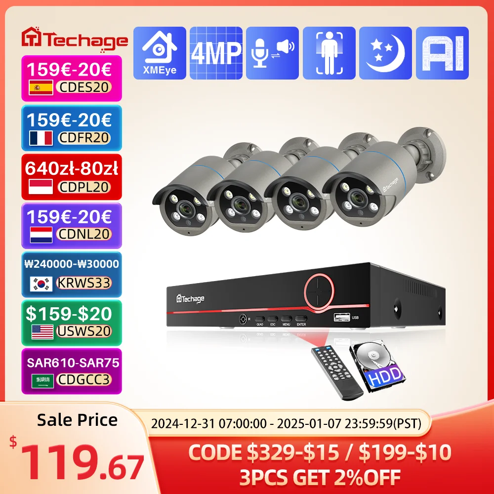 

Techage 8CH 4MP POE Security Surveillance Camera System Kit AI Face Detection Audio Record IP Camera H.265 CCTV Video NVR Set