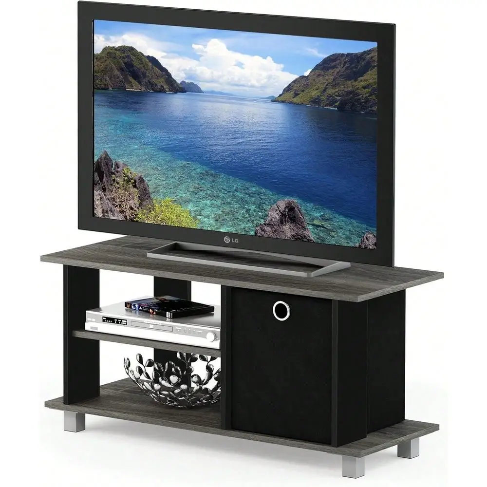 

Entertainment TV Stand With Storage Bin, French Oak Grey Black,