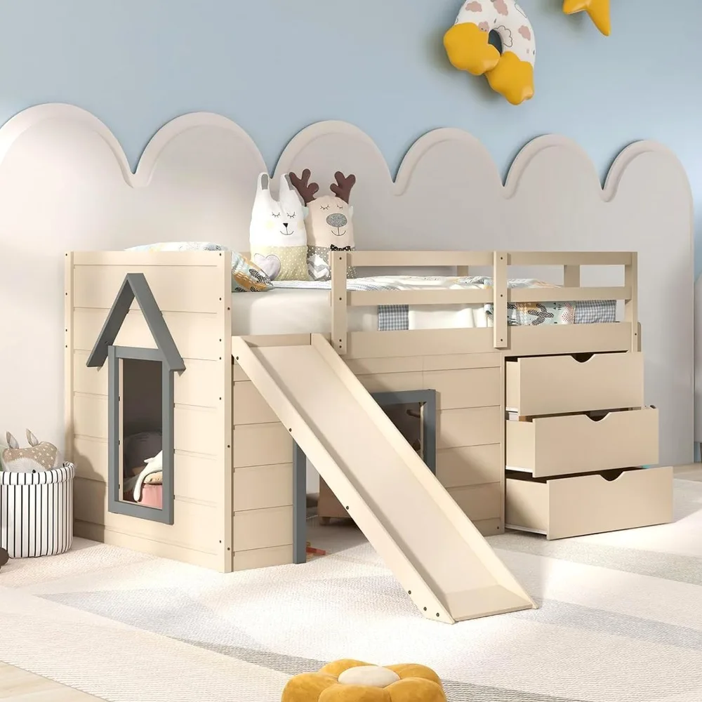 

Wood Loft Bed with Slide, Ladder, Loft Bed for Girls & Boys, Children Beds