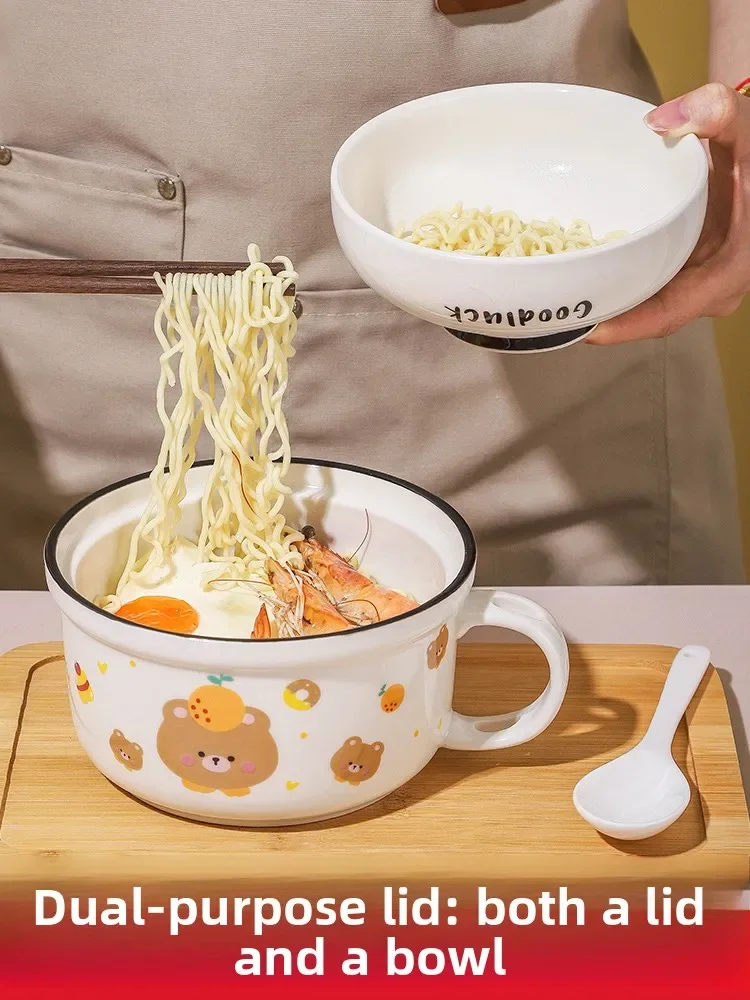 Ceramic Soup Bowl with Lid Spoon for Microwave Oven Individual Rice Bowl Cafeteria Soup Bowl Dining Utensils Set for Office W...