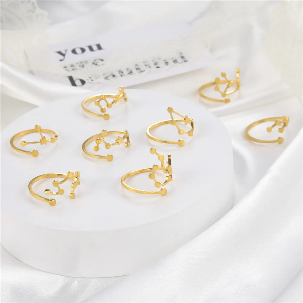 Teamer 12 Constellations Ring for Women Zodiac Aries Leo Horoscope Stainless Steel Finger Ring Astronomy Jewelry Birthday Gifts