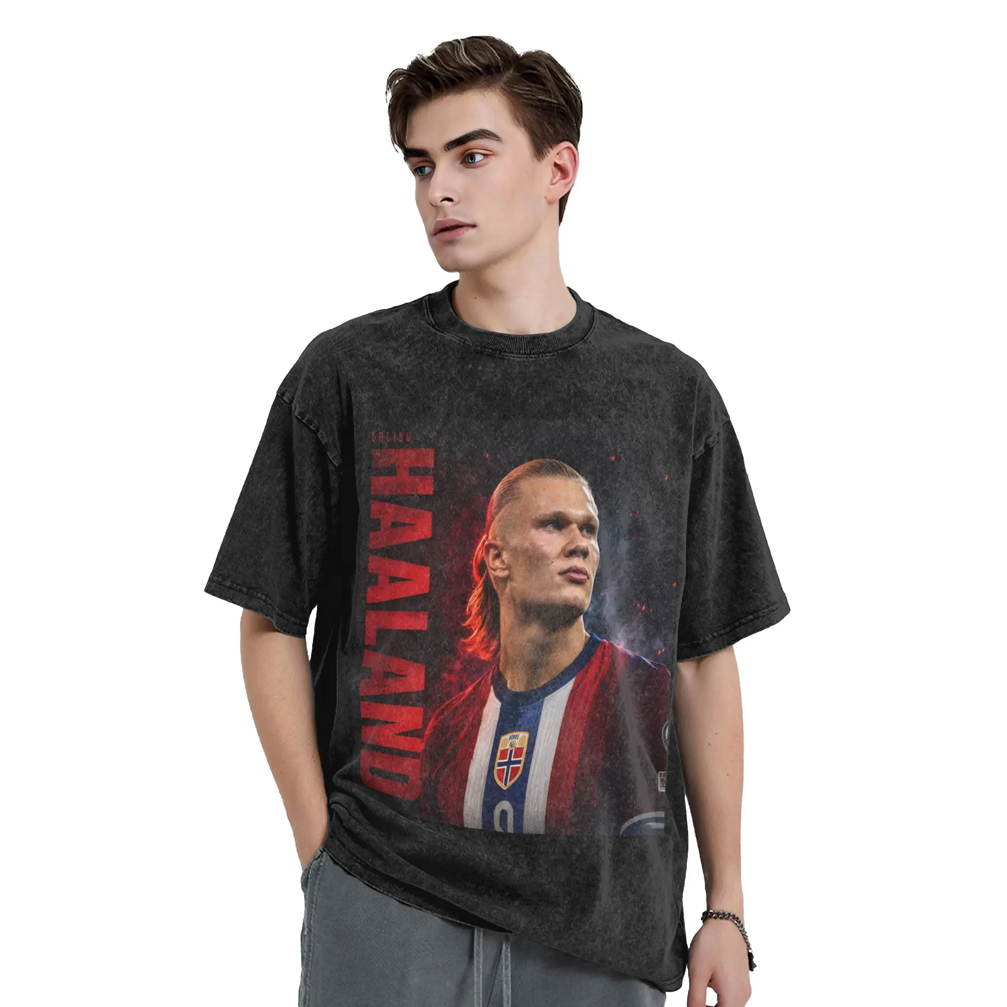 Streetwear Haaland Norway Forward  Vintage Washed T-Shirt For Men Women Cotton Short Sleeve  Round Neck Summer Clothes