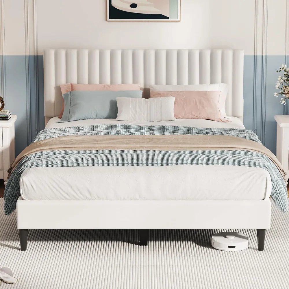 

Queen size bed frame, velvet cushioned platform bed with headboard, sturdy wooden support, noise free mattress