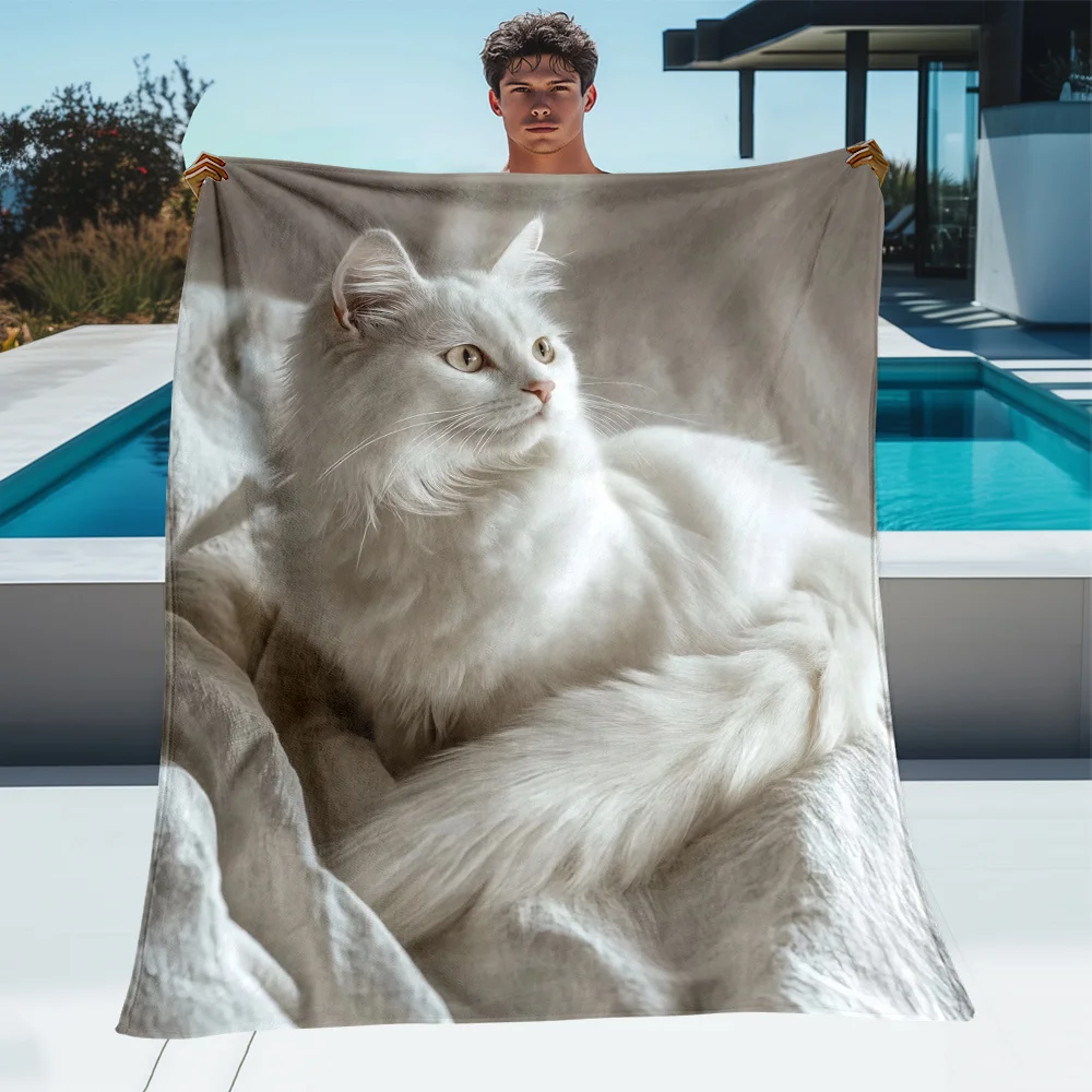 Custom White Cat Blanket Realistic Fluffy Kitten Design Personalized Name Fleece Throw All Season Soft Warm Bedding Gift
