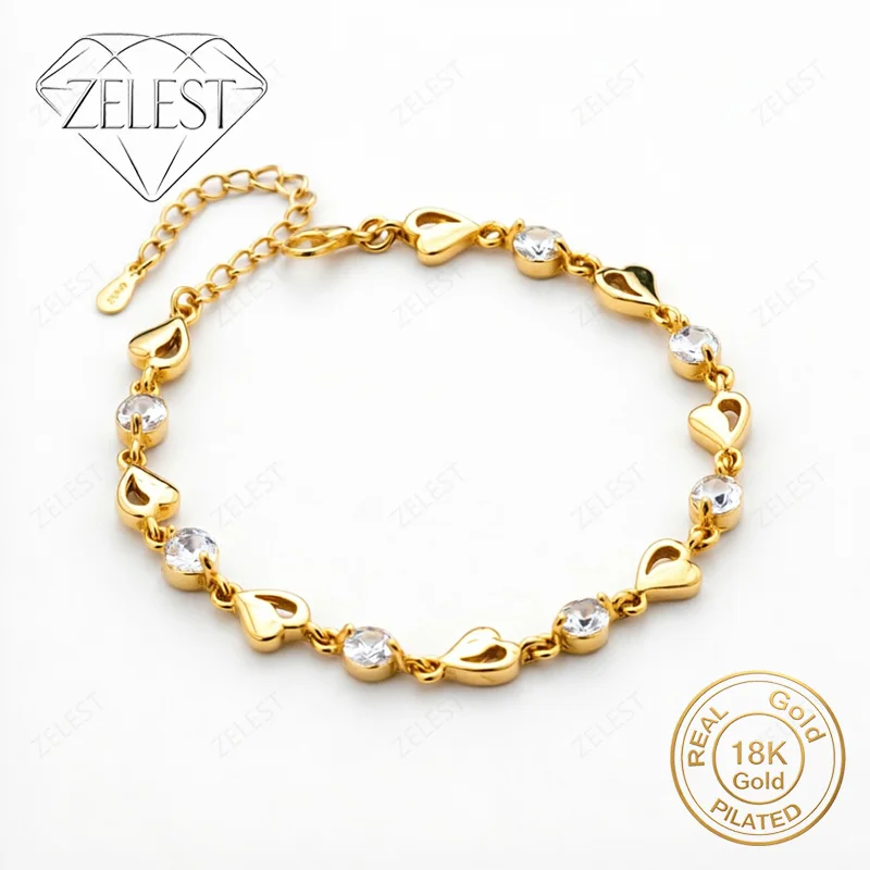 925 Sterling Silver 18K Gold Plated 8 Inch Beautiful Heart Shape Zircon Bracelet Women's Fashion Wedding Party Jewelry