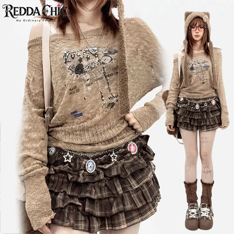 REDDACHiC Layering Semi-sheer Women Sweater Cute Off Shoulder Rhinestone Print Thin Long Sleeve Jumper Top Vintage Fall Knitwear
