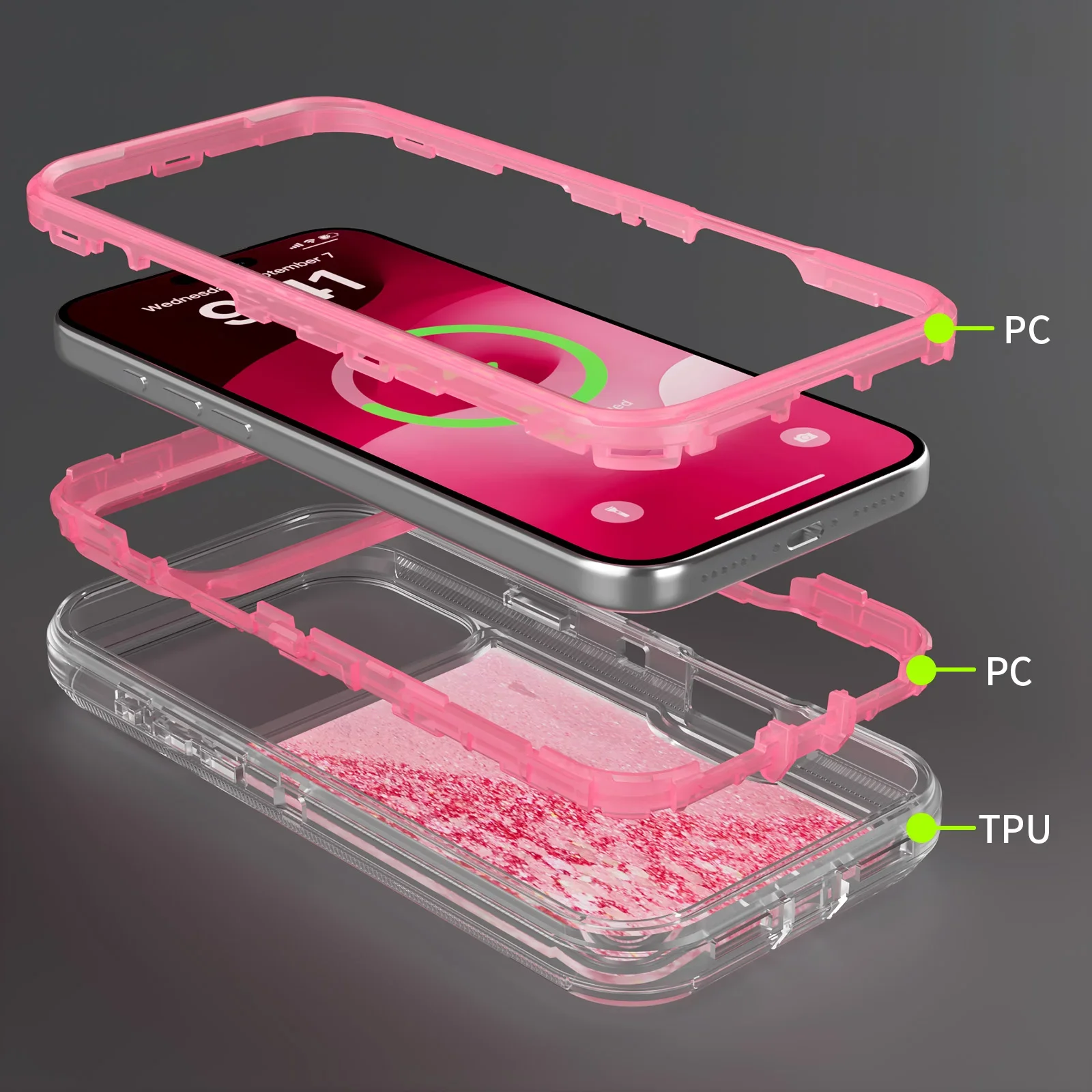 3-in-1 OTT Heavy Duty Glitzer-Flüssig-Quicksand-Box-Handyhülle für iPhone 18 17Air 16 15 14 Pro Max, stoßfeste Schutzhülle in Militärqualität – Detail 8