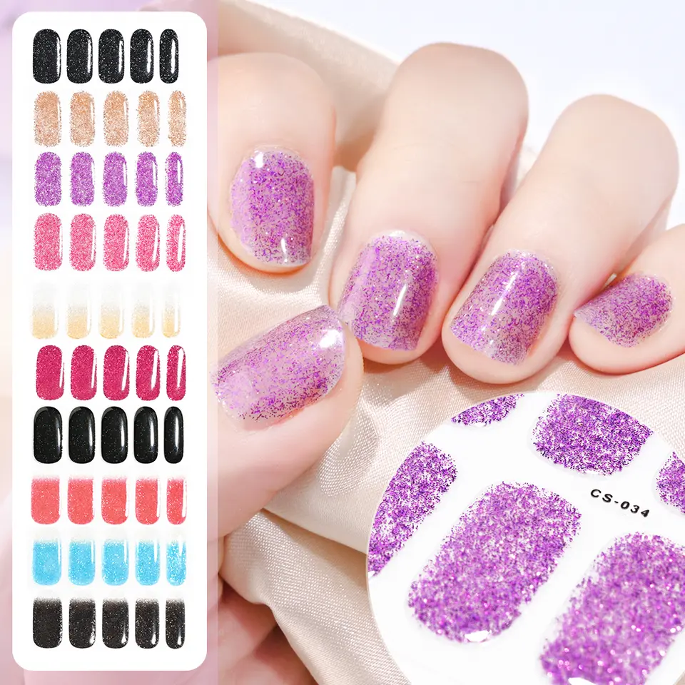 16Tips French Black Semi-Cured Nail Stickers With Glitter Long-Lasting UV Gel Nail Polish Wraps Full Cover Nail Art Decals Patch - 3