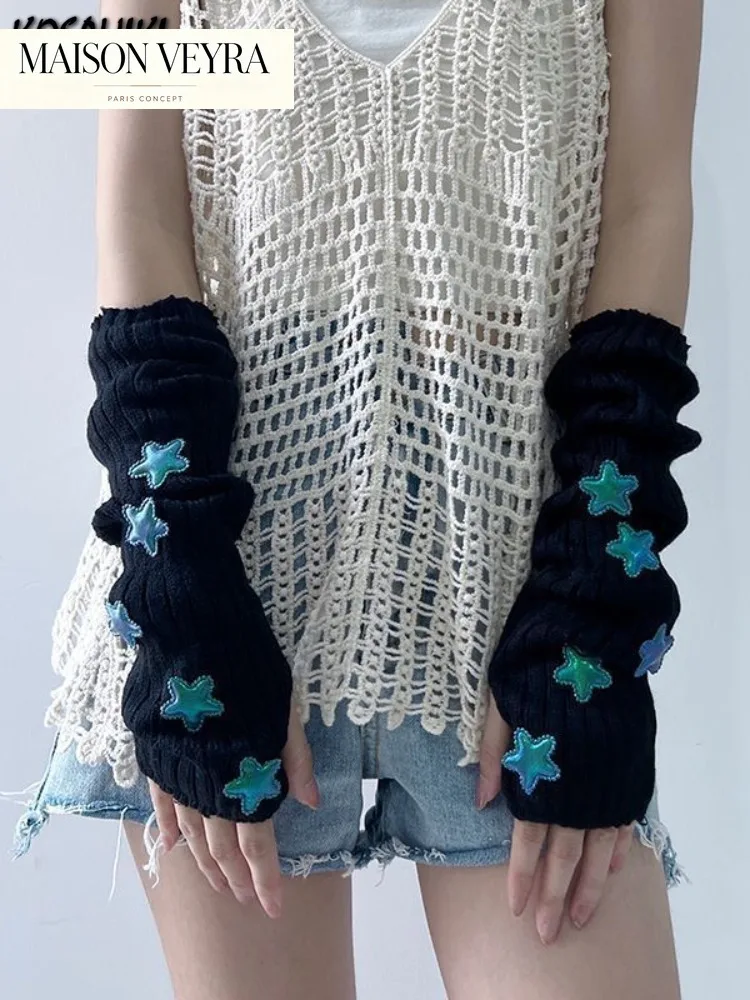 contrast-color-star-arm-warmer-women-gloves-stylish-hand-y2k-aesthetic-crochet-knitting-japanese-ripped-gothic-punk-fingerless