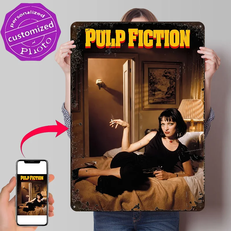 Pulp Fiction Movie 3D Printed Texture Poster Personalized Wall Art Retro Metal Tin Signs for Home Decor Room Bedroom Decorations