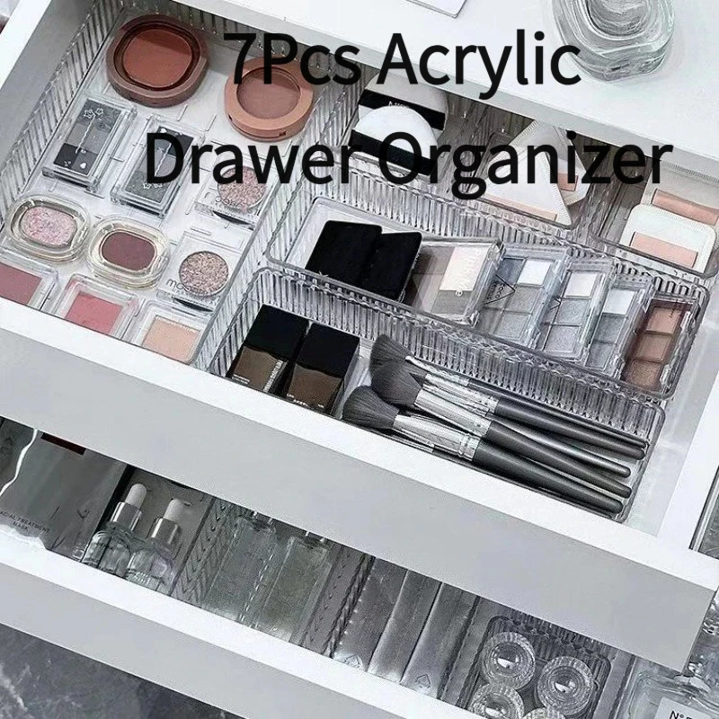 

Набор из 7 акриловых органайзеров для ящиков, с регулируемыми разделителями, штабелируемые, для хранения косметики