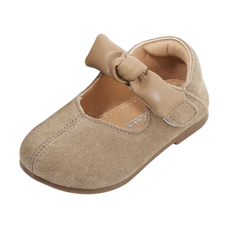 

High Quality Suede Leather Shoes For Infant Girls,Solid Khaki Yellow Retro Simple Flats Shoes For Little Kids Princess Party