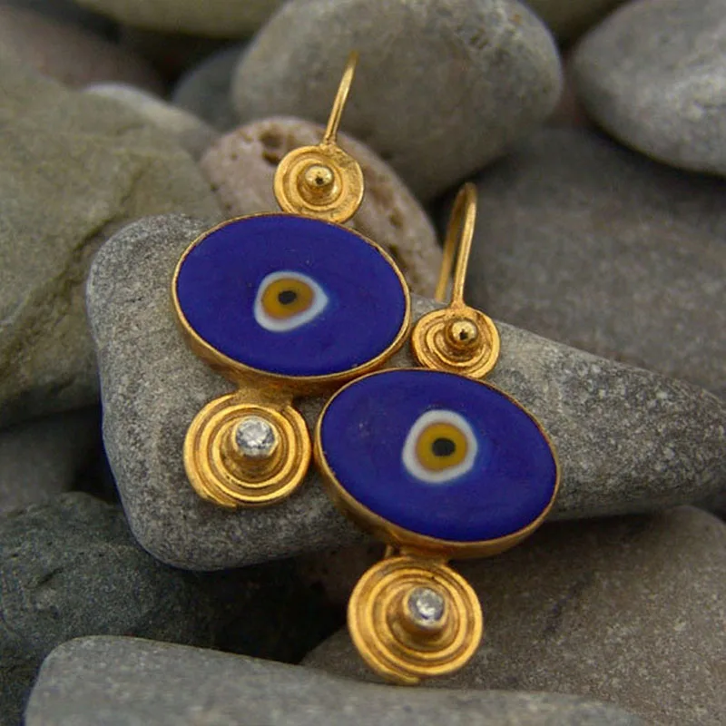 Gypsy Navy Blue Enamel Drop Dangle Earrings Turkish Jewelry Dripping Oil Eye Golden Spiral Hook Earrings for Women