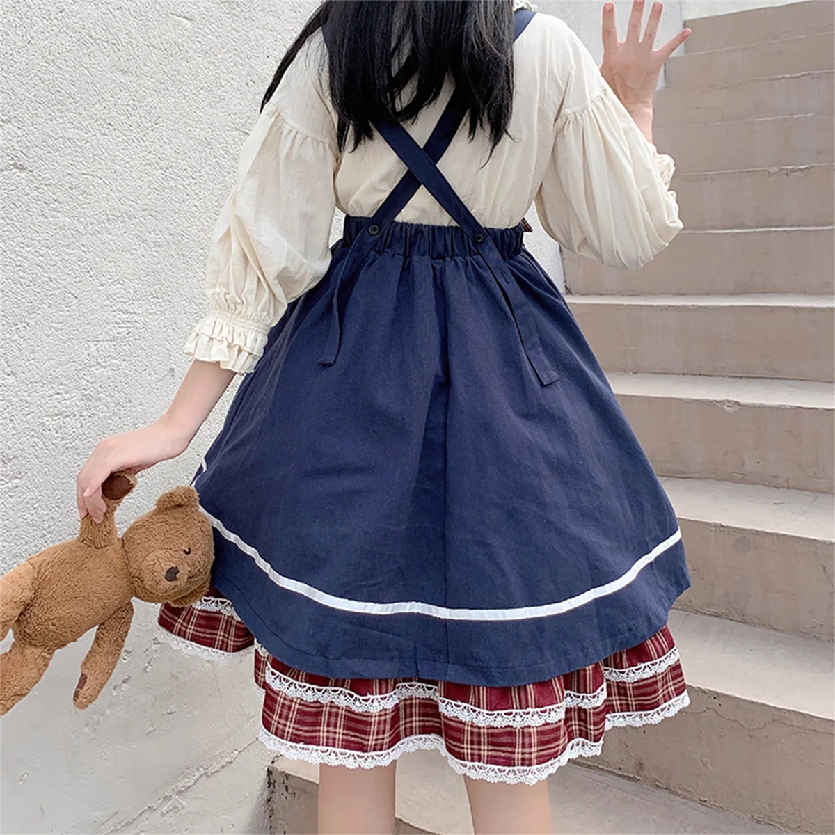 Japanese Style Kawaii Cute Lolita Cosplay Lolita Top+skirt Girl Doll Collar Bow Lace Ruffled Plaid Skirt Large Max Size 4XL Suit