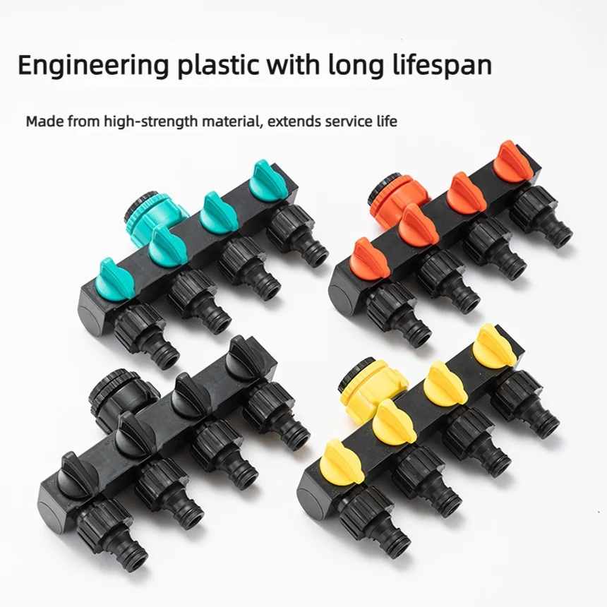 Four-way faucet diverter with switch, four-way valve, nipple quick-connect fitting, one inlet four outlet water splitter