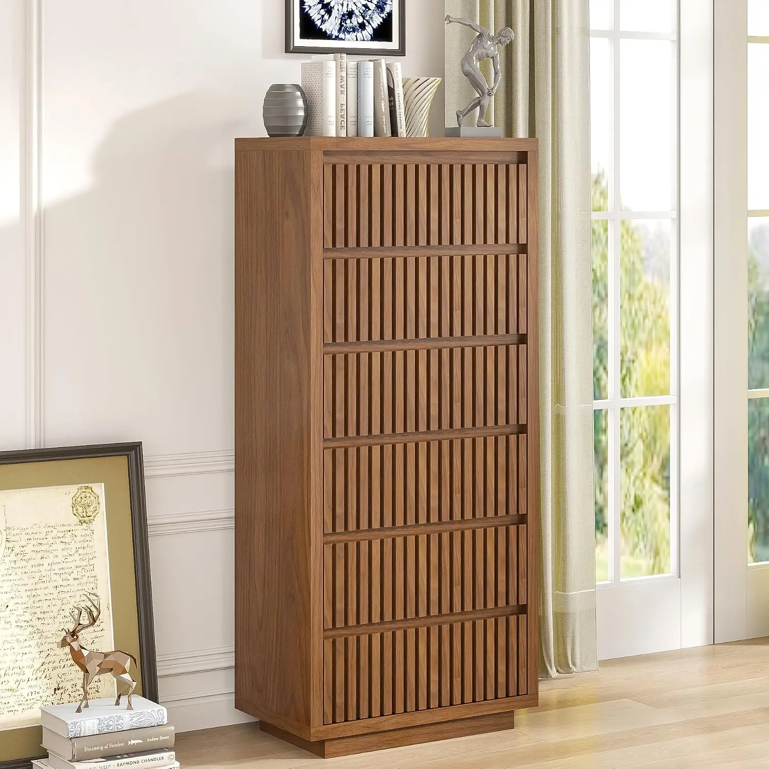 Fluted Tall 6 Drawer Dresser, 53 Inch Wood Chest for Bedroom Closet Clothes Organizer, Walnut Storage Living Room, Customized