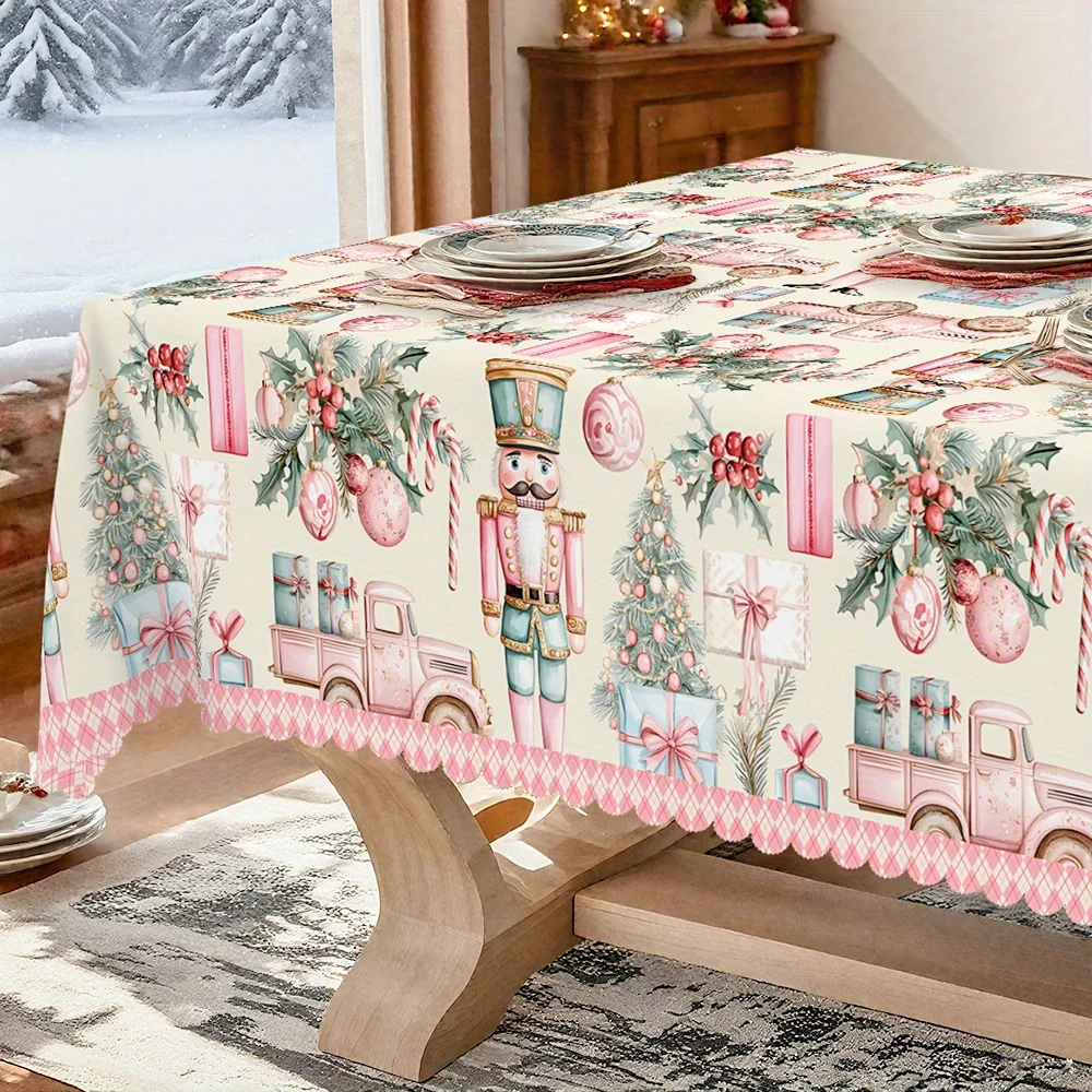 Christmas and winter ice tablecloths, white and pink decorations, Nutcracker soldiers, Christmas trees and gift designs