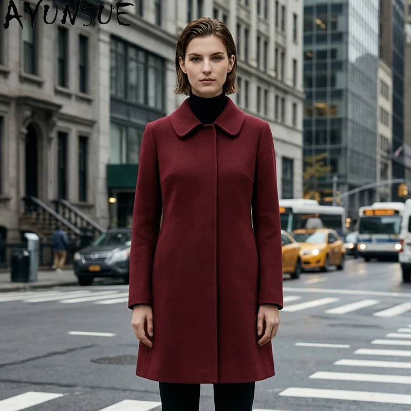 AYUNSUE Women's 100% Wool Coat Mid-length Double-sided Wool Jacket Autumn Winter Fashion Commuting Outerwear Woman Clothes