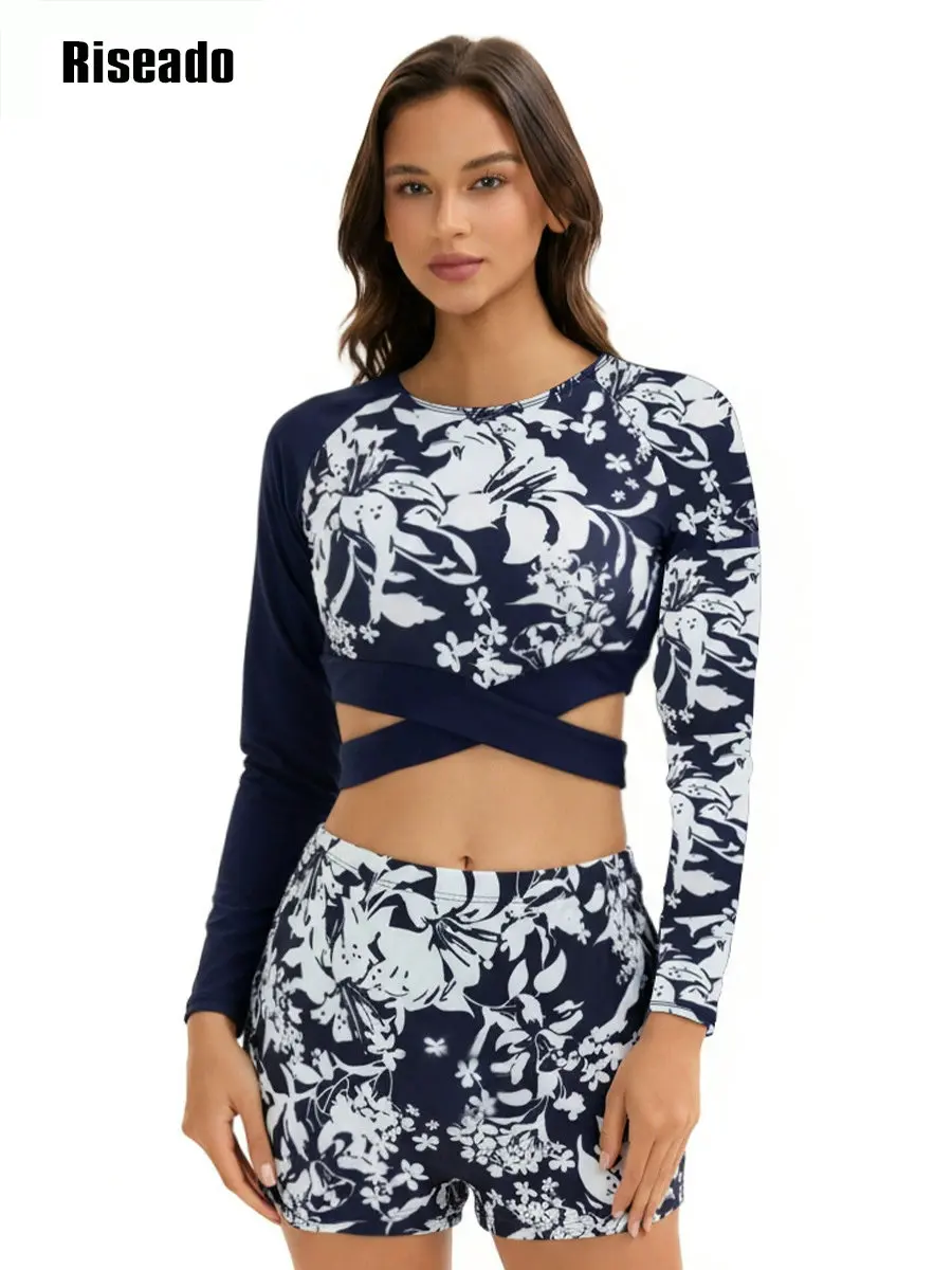 Women's Fashion Pattern Long Sleeve Tankini Sets UPF 50+ Rash Guard Swimsuit Sun Block Swimwear Boyshorts Athletic Tankinis