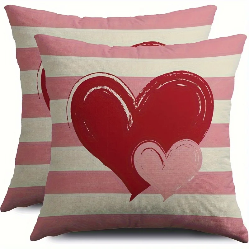 2 Stück Valentinstag-Kissenbezüge – rotes Herz, rosa Streifen, mehrere Größen, maschinenwaschbar, für Sofa, Bett, Hochzeitstag, Dekoration