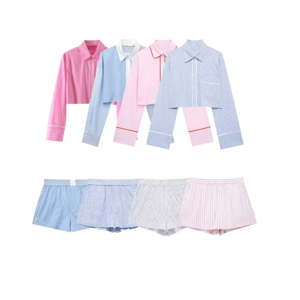 2024 ZAR4 Summer New Women\'s Clothing Style Fashion Striped Poplin Short Shirt Striped Poplin Shorts Set