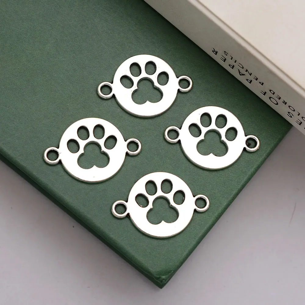 30pcs/lot--17x24mm Antique Silver Plated Dog Paw Connectors Charms Cat Pet Pendants For Jewelry Making Supplies Diy Bracelets