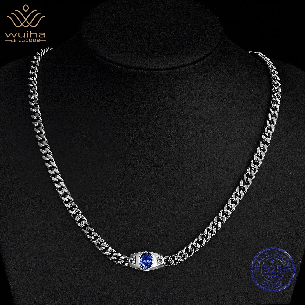 WUIHA 925 Sterling Silver 7*9 MM Oval Tanzania High Carbon Diamonds Gemstone Cuban Chain Pendant Necklaces Fine Jewelry 48 CM