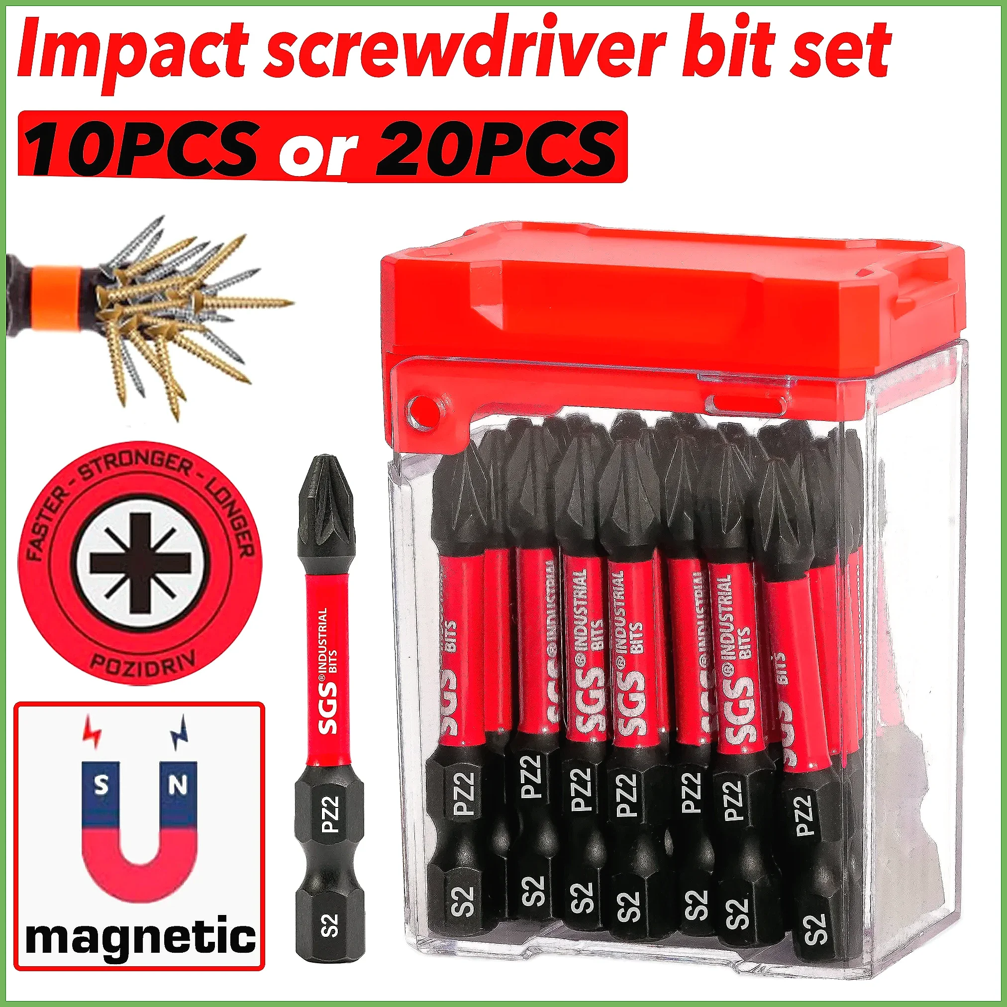 PZ2 Impact Screwdriver Bit Set 10/15/20Pcs S2 Steel 50mm 2 Inch Power Drill Bits, Red Durable Case for Electric Impact Driver