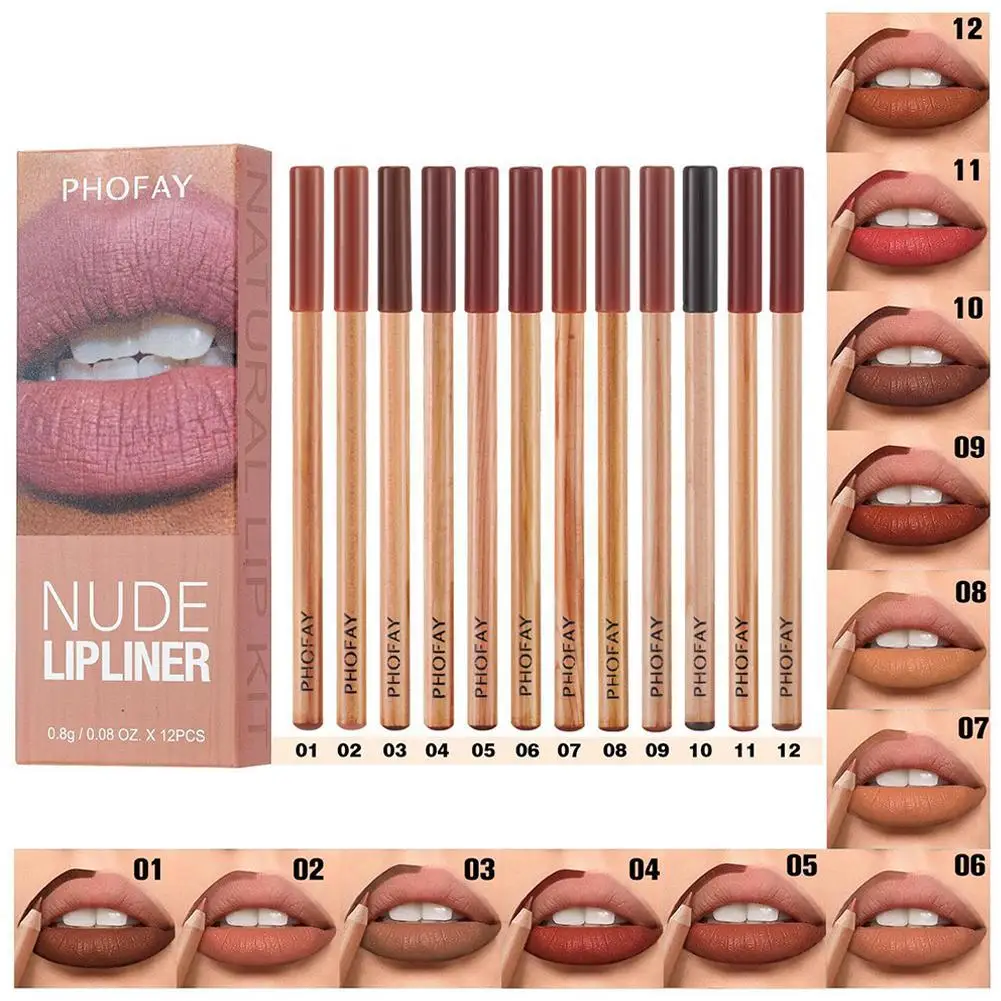 12pcs Nude Lip Line ชุดกันน้ํา Long Lasting Weightless LIPS ปากกาแต่งหน้าชุด NATURAL Nude สีน้ําตาล Lip Liner Matte Soft