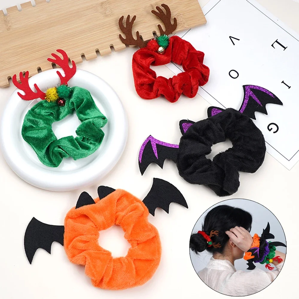 Cute Cartoon Bat Spider Demon Halloween Hair Scrunchies Christmas Elastic for Girls Antlers Hair Ring Horsetail Holder Headwear